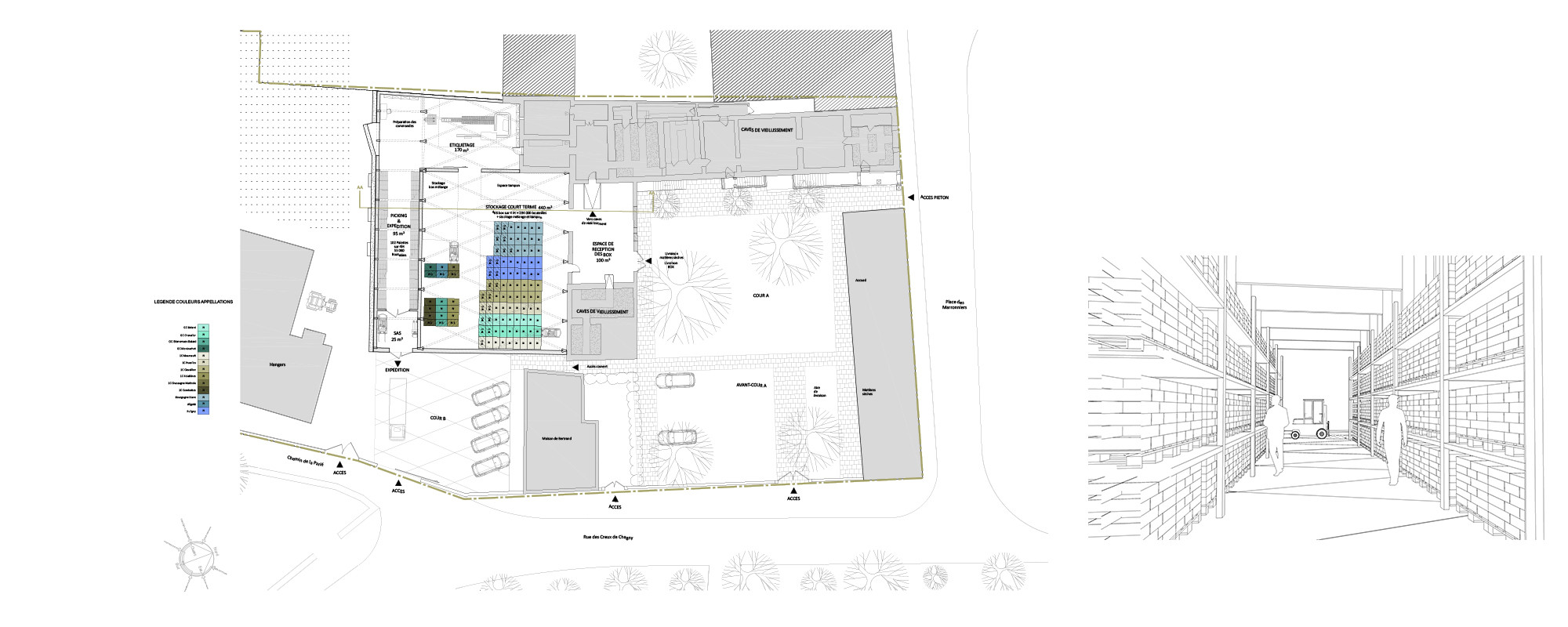 LE CUVAGE :  Plan du projet et vue depuis l'espace "Picking pour expédition"